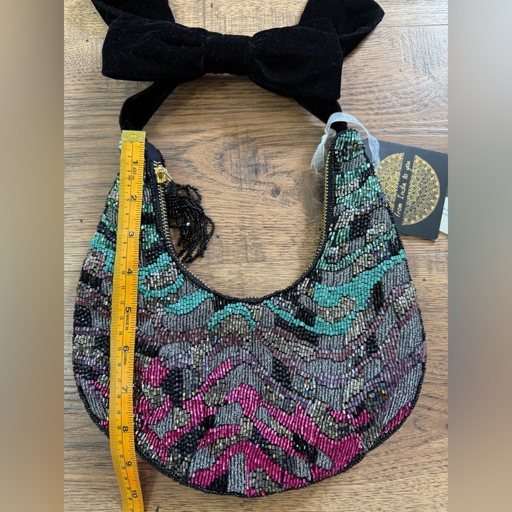 FROM INDIA TO YOU Hand- Embellished Beaded bow multicolor shoulder Bag. 10”